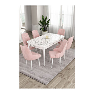 Ram Serisi, 80x132 Açılabilir Beyaz Mermer Desen ,mutfak Masası Takımı, 6 Sandalye Pembe