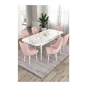 Ram Serisi, 80x132 Açılabilir Beyaz Mermer Desen ,mutfak Masası Takımı, 6 Sandalye Pembe
