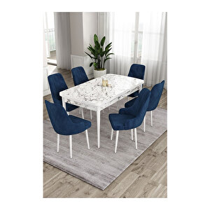 Ram Serisi, 80x132 Açılabilir Beyaz Mermer Desen ,mutfak Masası Takımı, 6 Sandalye Lacivert