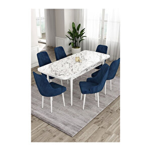 Ram Serisi, 80x132 Açılabilir Beyaz Mermer Desen ,mutfak Masası Takımı, 6 Sandalye Lacivert
