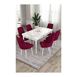 Ram Serisi, 80x132 Açılabilir Beyaz Mermer Desen ,mutfak Masası Takımı, 6 Sandalye Mürdüm