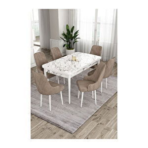 Ram Serisi, 80x132 Açılabilir Beyaz Mermer Desen ,mutfak Masası Takımı, 6 Sandalye Cappucino