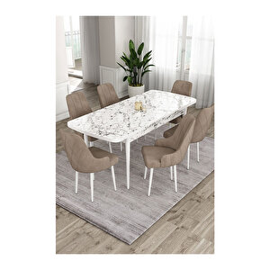 Ram Serisi, 80x132 Açılabilir Beyaz Mermer Desen ,mutfak Masası Takımı, 6 Sandalye Cappucino