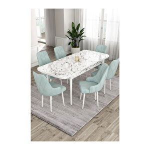 Ram Serisi, 80x132 Açılabilir Beyaz Mermer Desen ,mutfak Masası Takımı, 6 Sandalye Su Yeşili