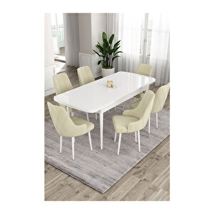 Ram Serisi, 80x132 Açılabilir Beyaz Masa,mutfak Masası Takımı, 6 Sandalye Krem