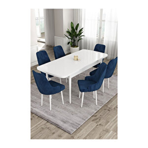 Ram Serisi, 80x132 Açılabilir Beyaz Masa,mutfak Masası Takımı, 6 Sandalye Lacivert