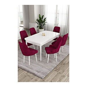 Ram Serisi, 80x132 Açılabilir Beyaz Masa,mutfak Masası Takımı, 6 Sandalye Mürdüm