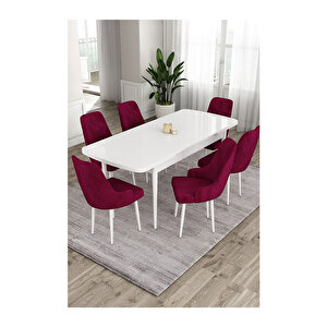 Ram Serisi, 80x132 Açılabilir Beyaz Masa,mutfak Masası Takımı, 6 Sandalye Mürdüm