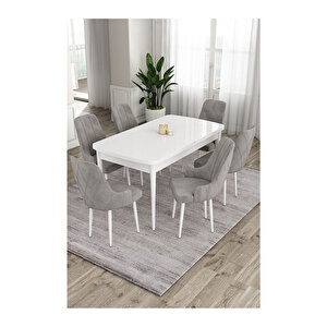 Ram Serisi, 80x132 Açılabilir Beyaz Masa,mutfak Masası Takımı, 6 Sandalye Gri