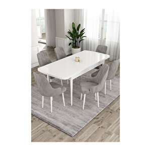 Ram Serisi, 80x132 Açılabilir Beyaz Masa,mutfak Masası Takımı, 6 Sandalye Gri