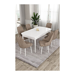Ram Serisi, 80x132 Açılabilir Beyaz Masa,mutfak Masası Takımı, 6 Sandalye Cappucino