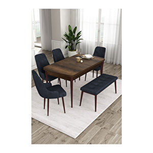 Ram Serisi, 80x132 Açılabilir Barok Ahşap Desen Mutfak Masa Takımı, 4 Sandalye Ve 1 Bench Antrasit
