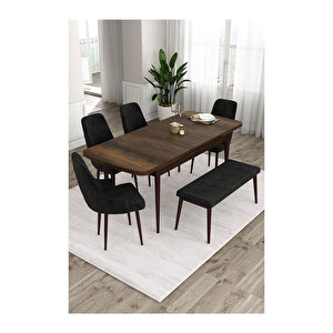 Ram Serisi, 80x132 Açılabilir Barok Ahşap Desen Mutfak Masa Takımı, 4 Sandalye Ve 1 Bench Siyah