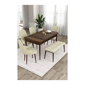 Ram Serisi, 80x132 Açılabilir Barok Ahşap Desen Mutfak Masa Takımı, 4 Sandalye Ve 1 Bench Krem