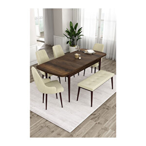 Ram Serisi, 80x132 Açılabilir Barok Ahşap Desen Mutfak Masa Takımı, 4 Sandalye Ve 1 Bench Krem