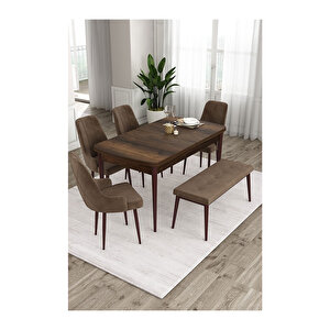 Ram Serisi, 80x132 Açılabilir Barok Ahşap Desen Mutfak Masa Takımı, 4 Sandalye Ve 1 Bench Kahverengi