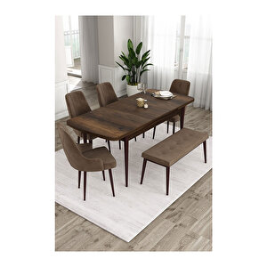 Ram Serisi, 80x132 Açılabilir Barok Ahşap Desen Mutfak Masa Takımı, 4 Sandalye Ve 1 Bench Kahverengi