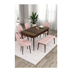 Ram Serisi, 80x132 Açılabilir Barok Ahşap Desen Mutfak Masa Takımı, 4 Sandalye Ve 1 Bench Pembe