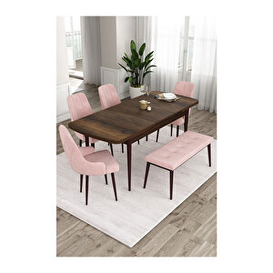 Ram Serisi, 80x132 Açılabilir Barok Ahşap Desen Mutfak Masa Takımı, 4 Sandalye Ve 1 Bench Pembe