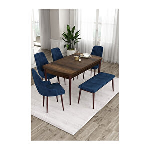 Ram Serisi, 80x132 Açılabilir Barok Ahşap Desen Mutfak Masa Takımı, 4 Sandalye Ve 1 Bench Lacivert