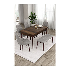 Ram Serisi, 80x132 Açılabilir Barok Ahşap Desen Mutfak Masa Takımı, 4 Sandalye Ve 1 Bench Gri
