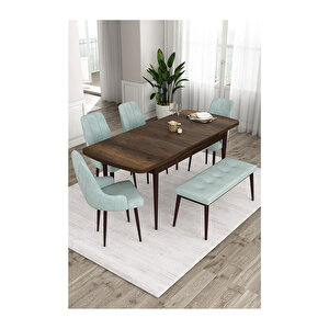 Ram Serisi, 80x132 Açılabilir Barok Ahşap Desen Mutfak Masa Takımı, 4 Sandalye Ve 1 Bench Su Yeşili