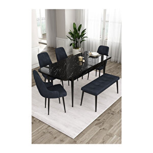 Ram Serisi, 80x132 Açılabilir Siyah Mermer Desen ,mutfak Masası Takımı, 4 Sandalye Ve 1 Bench Antrasit