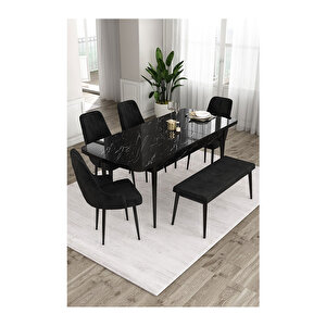 Ram Serisi, 80x132 Açılabilir Siyah Mermer Desen ,mutfak Masası Takımı, 4 Sandalye Ve 1 Bench Siyah