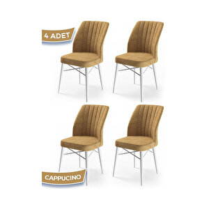 Flex Serisi, Üst Kalite Mutfak Sandalyesi, 4 Adet Sandalye, Gürgen Beyaz Ahşap Ayak Cappucino