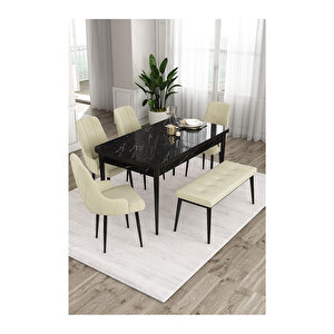 Ram Serisi, 80x132 Açılabilir Siyah Mermer Desen ,mutfak Masası Takımı, 4 Sandalye Ve 1 Bench Krem