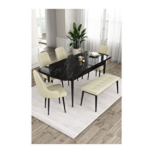 Ram Serisi, 80x132 Açılabilir Siyah Mermer Desen ,mutfak Masası Takımı, 4 Sandalye Ve 1 Bench Krem