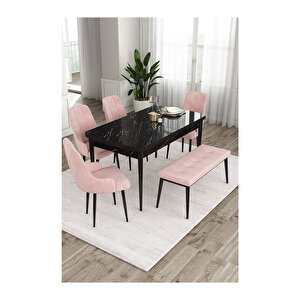 Ram Serisi, 80x132 Açılabilir Siyah Mermer Desen ,mutfak Masası Takımı, 4 Sandalye Ve 1 Bench Pembe