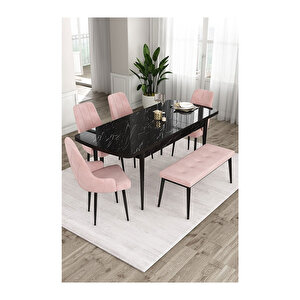 Ram Serisi, 80x132 Açılabilir Siyah Mermer Desen ,mutfak Masası Takımı, 4 Sandalye Ve 1 Bench Pembe