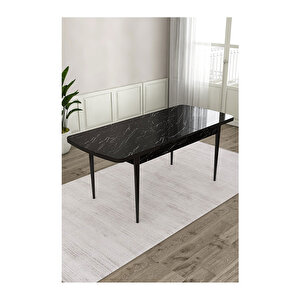 Ram Serisi, 80x132 Açılabilir Siyah Mermer Desen ,mutfak Masası Takımı, 4 Sandalye Ve 1 Bench