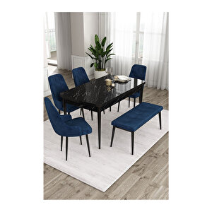 Ram Serisi, 80x132 Açılabilir Siyah Mermer Desen ,mutfak Masası Takımı, 4 Sandalye Ve 1 Bench Lacivert