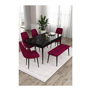 Ram Serisi, 80x132 Açılabilir Siyah Mermer Desen ,mutfak Masası Takımı, 4 Sandalye Ve 1 Bench Mürdüm