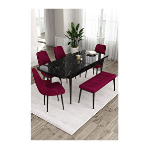 Ram Serisi, 80x132 Açılabilir Siyah Mermer Desen ,mutfak Masası Takımı, 4 Sandalye Ve 1 Bench Mürdüm