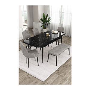 Ram Serisi, 80x132 Açılabilir Siyah Mermer Desen ,mutfak Masası Takımı, 4 Sandalye Ve 1 Bench Gri