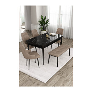 Ram Serisi, 80x132 Açılabilir Siyah Mermer Desen ,mutfak Masası Takımı, 4 Sandalye Ve 1 Bench Cappucino