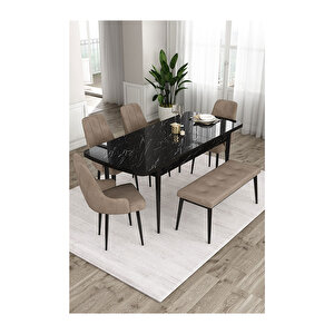 Ram Serisi, 80x132 Açılabilir Siyah Mermer Desen ,mutfak Masası Takımı, 4 Sandalye Ve 1 Bench Cappucino