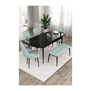 Ram Serisi, 80x132 Açılabilir Siyah Mermer Desen ,mutfak Masası Takımı, 4 Sandalye Ve 1 Bench Su Yeşili