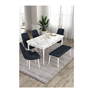 Ram Serisi, 80x132 Açılabilir Beyaz Mermer Desen ,mutfak Masası Takımı, 4 Sandalye Ve 1 Bench Antrasit