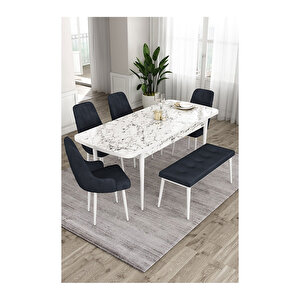 Ram Serisi, 80x132 Açılabilir Beyaz Mermer Desen ,mutfak Masası Takımı, 4 Sandalye Ve 1 Bench Antrasit