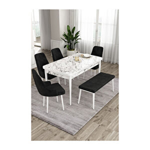 Ram Serisi, 80x132 Açılabilir Beyaz Mermer Desen ,mutfak Masası Takımı, 4 Sandalye Ve 1 Bench Siyah