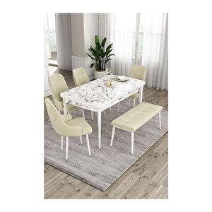 Ram Serisi, 80x132 Açılabilir Beyaz Mermer Desen ,mutfak Masası Takımı, 4 Sandalye Ve 1 Bench Krem