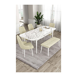 Ram Serisi, 80x132 Açılabilir Beyaz Mermer Desen ,mutfak Masası Takımı, 4 Sandalye Ve 1 Bench Krem