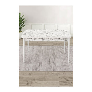 Ram Serisi, 80x132 Açılabilir Beyaz Mermer Desen ,mutfak Masası Takımı, 4 Sandalye Ve 1 Bench Kahverengi