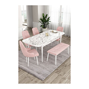 Ram Serisi, 80x132 Açılabilir Beyaz Mermer Desen ,mutfak Masası Takımı, 4 Sandalye Ve 1 Bench Pembe