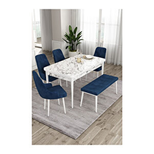 Ram Serisi, 80x132 Açılabilir Beyaz Mermer Desen ,mutfak Masası Takımı, 4 Sandalye Ve 1 Bench Lacivert