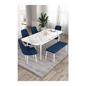 Ram Serisi, 80x132 Açılabilir Beyaz Mermer Desen ,mutfak Masası Takımı, 4 Sandalye Ve 1 Bench Lacivert